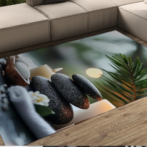 LANDERSION Moderne Kunst Entspannungsbereich Teppiche Gestapelte Steine Kerzen und Seifen mit Pflanzenblattmuster Kleiner Teppich für Badezimmer Massageraum Dekor 60x90cm von LANDERSION