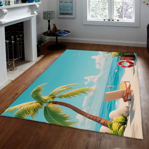 LANDERSION Moderner Küstenbereich Teppich Tropischer Ozean Palme Strand Teppiche für Wohnzimmer Rutschfester weicher Niederflorteppich für Schlafzimmer Balkon 90x120cm von LANDERSION