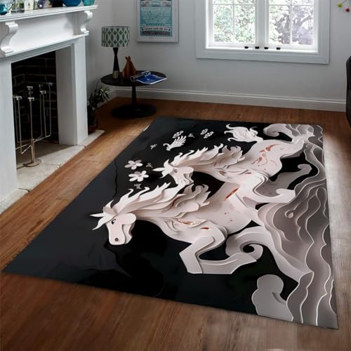 LANDERSION Moderner Kunststil Teppich 3D Pferdeteppich Traditioneller chinesischer Papierschnitt Kunstteppiche rutschfeste waschbare Tür Fußmatte Schwarzer Eingangsteppich 150x250cm von LANDERSION