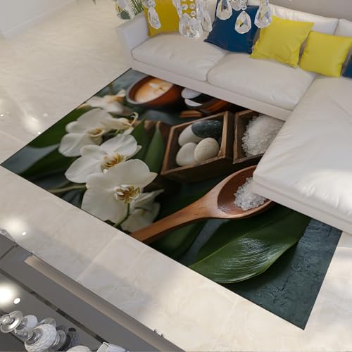LANDERSION Moderner Stil Bereich Teppiche Weiße Orchidee Kleine Steine Kerze Meditation Thema teppiche Faltbarer waschbarer Teppich für Wohnzimmer Dekor 80x150cm von LANDERSION