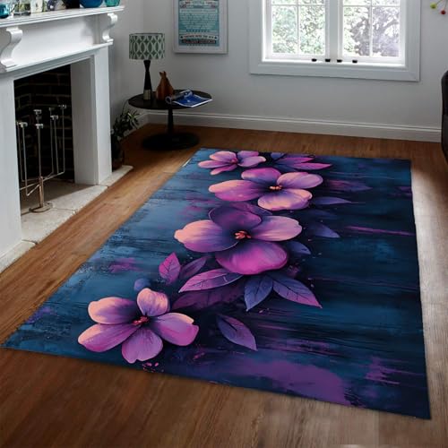 LANDERSION Moderner eleganter Blumenteppich blühende lila Blume Aquarell Pinselstrich Textur Teppich Weiche niedrigflorige Bereichsteppiche für Schlafzimmerflure 100x150cm von LANDERSION