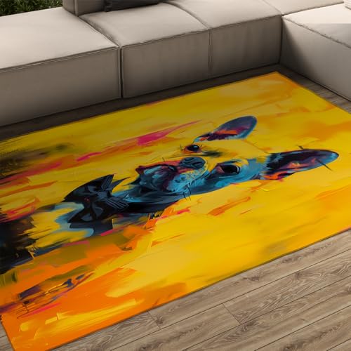 LANDERSION Moderner rustikaler Ölgemälde Teppich Gentleman Hund Portrait gelber Teppich waschbarer Rutschfester niedrigfloriger Bereich Teppiche für Schlafzimmer Studio Küche 90x120cm von LANDERSION