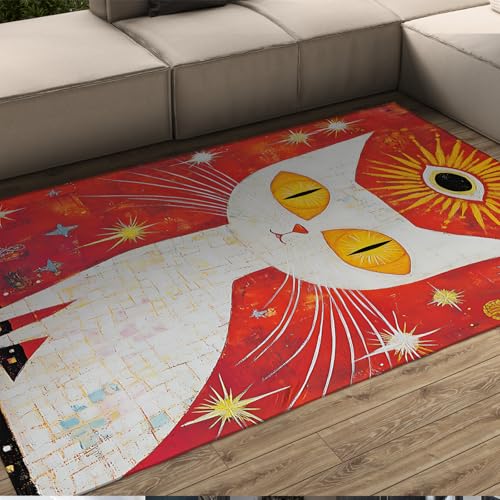 LANDERSION Mystische weiße Katze Teppich roter Hintergrund mit Augenmuster Boho Bereich Teppiche Schöner Tierdruck Teppich für Schlafzimmer Jungen Mädchen Zimmer Dekor 60x90cm von LANDERSION