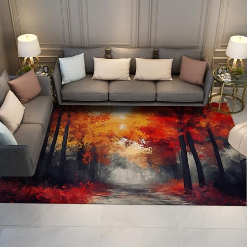 LANDERSION Mystischer Waldteppich Modernes Design Pfad Herbst Teppiche Waschbarer Rutschfester Teppich mit niedrigem Flor für Wohnzimmer Büro Spielzimmer 80x150cm von LANDERSION