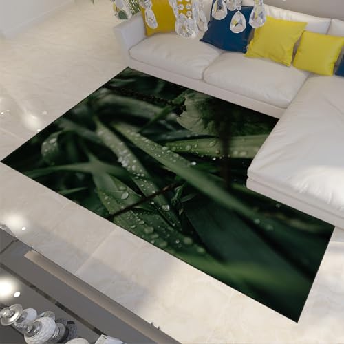 LANDERSION Natürliche frische Pflanzenteppiche Waschbarer Rutschfester Teppich mit Wassertropfen Grünes Blattmuster Design Weicher Faltbarer Outdoor Teppich 140x200cm von LANDERSION