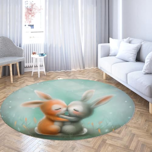 LANDERSION Niedliches Paar Kaninchen Runde Fläche Teppich Cartoon Tierdruck Waschbarer Rutschfester niedrigfloriger Kreisteppich für Schlafzimmer Arbeitszimmer Spielzimmer Wohnung 200cm LANDERSION Niedliches Paar Kaninchen Runde Fläche Teppich Cartoon Tierdruck Waschbarer Rutschfester niedrigfloriger Kreisteppich für Schlafzimmer Arbeitszimmer Spielzimmer Wohnung 200cm von LANDERSION