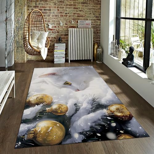 Niedliches Tier Katze Teppich Goldene Glocken Weihnachtsbaum Schnee Szene Weißer Teppich Rutschfester niedriger Flor Moderne Dekor Bereich Teppiche für Nachttisch Kinderzimmer 100x150cm Niedliches Tier Katze Teppich Goldene Glocken Weihnachtsbaum Schnee Szene Weißer Teppich Rutschfester niedriger Flor Moderne Dekor Bereich Teppiche für Nachttisch Kinderzimmer 100x150cm von LANDERSION