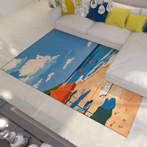 LANDERSION Ocean Beach Thema Indoor Outdoor Bereich Teppich Moderne Aquarell Kunst Teppiche Waschbarer Rutschfester Niederflorteppich für Wohnzimmer Schlafzimmer Lounge 160x230cm von LANDERSION