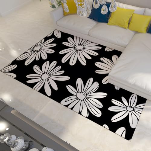 LANDERSION Outdoor Bereich Teppiche für weiße Gänseblümchen Blumen schwarzer Hintergrund Rutschfester waschbarer Teppich für Terrasse Rasen Veranda Eingangsbereich 60x120cm von LANDERSION