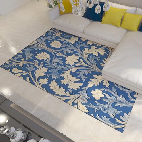 LANDERSION Plant Craft Style Area Teppiche Floral Leaves Collection Akzentteppich Blauer Landhausteppich für stark frequentierte Bereiche im Eingangswohnzimmer 80x150cm von LANDERSION