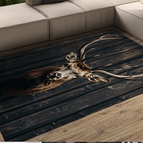 LANDERSION Realistischer Hirschkopfmuster Bereich Teppich schwarz Holz Streifen Tierwelt Thema Moderne Teppiche Faltbarer weicher dünner Teppich für Bauernhaus Küche 150x210cm von LANDERSION