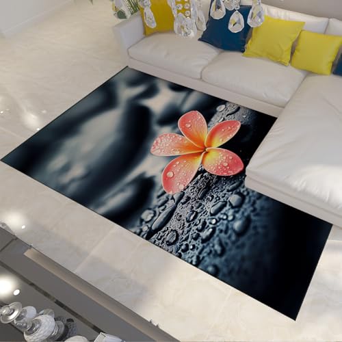 Realistischer Stil Dunkler Teppich Orange Blumen Schwarzer Stein Meditation Spa Teppiche rutschfeste weiche Flauschige Flächenteppiche für Küche Unter Tisch 80x150cm von LANDERSION