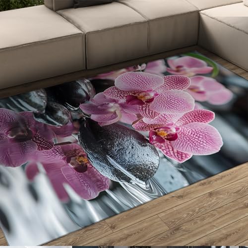 LANDERSION Realistischer rosa Orchidee Blume strukturierter Teppich Japanischer Spa Wasser Stein Meditation Kunst Bereich Teppiche Rutschfester Niederflorteppich für Schlafzimmer 180x300cm von LANDERSION