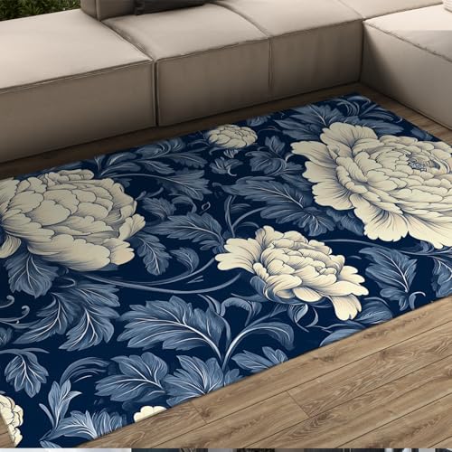 LANDERSION Retro botanische Florale Wohnzimmerteppiche blühende Blume Luxus Teppich Rutschfester weicher Abstrakter Blauer großflächiger Teppiche für Eingangswäsche 120x240cm von LANDERSION