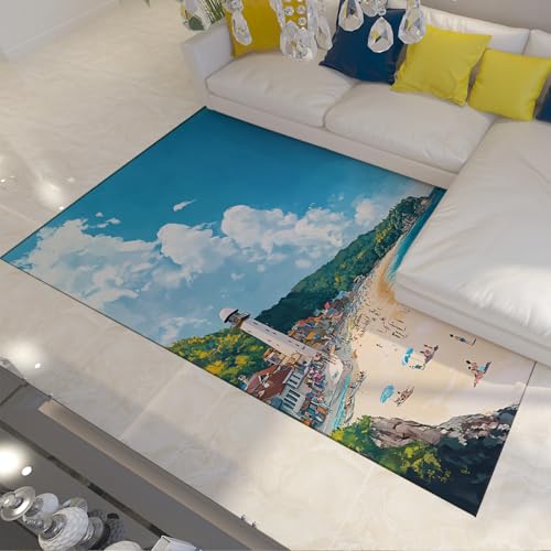 Romantische Küstenbereich Teppiche Sonnenstrand Leuchtturm Grün Wald Blau Ozean Küste Ästhetischer Teppich Waschbarer dünner Teppich für Nachttisch 120x240cm Romantische Küstenbereich Teppiche Sonnenstrand Leuchtturm Grün Wald Blau Ozean Küste Ästhetischer Teppich Waschbarer dünner Teppich für Nachttisch 120x240cm von LANDERSION