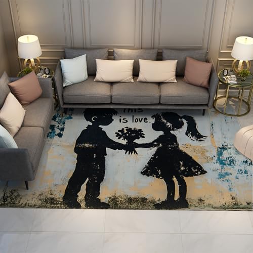 Romantische Street Art Bereich Teppich Paar Blumen Schwarz Graffiti Design Schlafzimmer Teppiche Weich Low Flor Großer Teppich für Esszimmer Lounge 60x120cm von LANDERSION