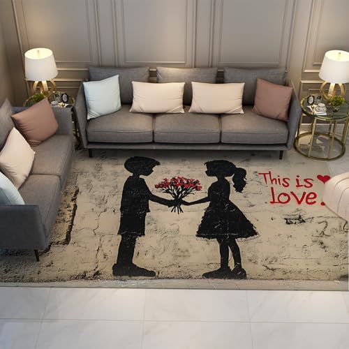 LANDERSION Romantischer Graffiti Paar Teppich Süße Liebe Zitate mit Hellen Blumen Akzent Bereich Teppiche Rustikal Einfach Weicher Teppich für Wohnung 150x210cm von LANDERSION