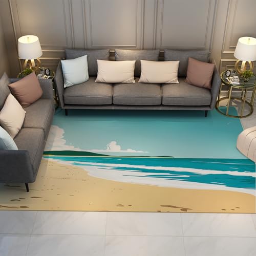 LANDERSION Romantischer Ozean Strand Themenbereich Teppiche Blau Gelb Indoor Outdoor Waschbarer Faltbarer Teppich für Wohnzimmer Lounge Patio Balkon 120x180cm von LANDERSION