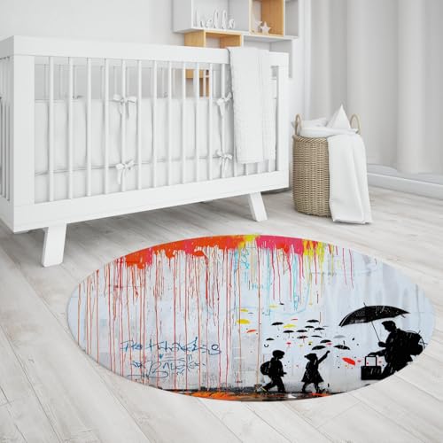 LANDERSION Runde Wohnzimmerbereich Teppiche waschbar Rutschfester Indoor Circle Teppich Abstrakter Graffiti Stil Teppich für Jungen Mädchen Schlafzimmer Wohnkultur 140cm von LANDERSION