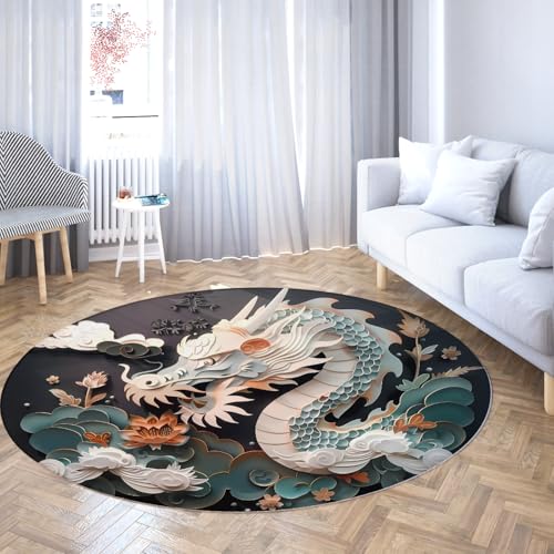 LANDERSION Runde waschbare Teppiche orientalische Papierschnittkunst chinesischer Drache niedriger Flor Rutschfester Nachttisch Kreis Teppich für Wohnzimmer Küche Wäscherei 80cm von LANDERSION