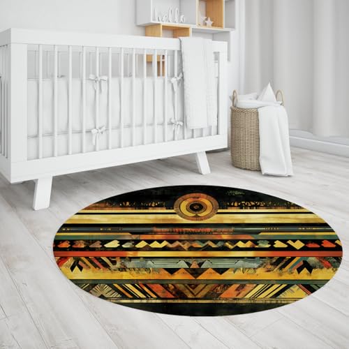LANDERSION Runder waschbarer Teppich für Wohnzimmer Rutschfester Gummirücken mit niedrigem Flor Indoor Circle Teppiche Vintage Aztec gestreifte Design Schlafzimmerteppiche 240cm von LANDERSION