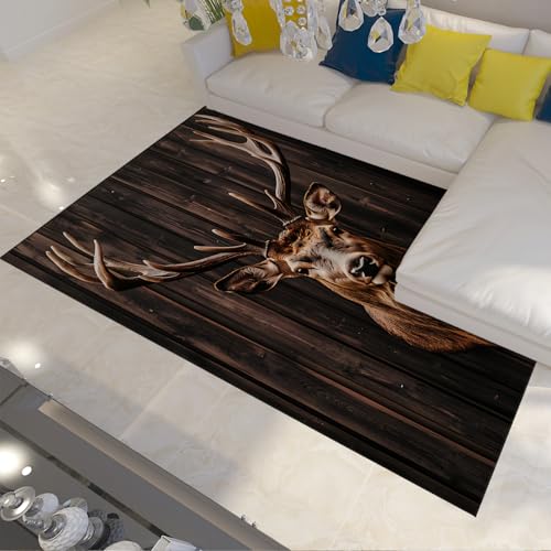 Rustikaler Jagdteppich Wildlife Hirschkopf Vintage Rustikaler Holzhintergrund Akzent Teppich Waschbar Weiche niedrige Flor Bereich Teppiche für Esszimmer 90x120cm von LANDERSION
