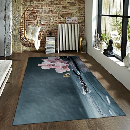 LANDERSION Rustikaler Stil Bereich Teppiche Rosa Orchidee Schwarz Basalt Design Bauernhaus Teppich Waschbarer Rutschfester Teppich mit niedrigem Flor für Studio Büro Gästezimmer 60x90cm von LANDERSION