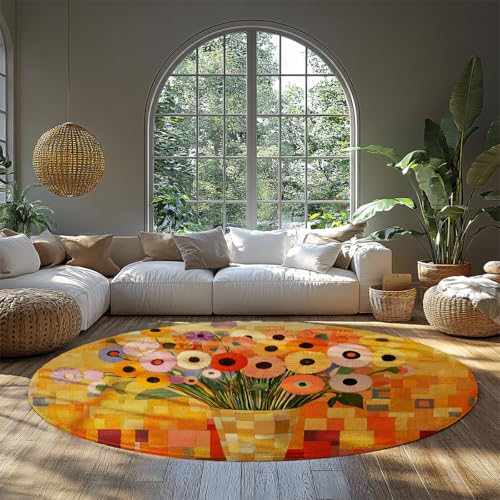 LANDERSION Schicke Blumenkaro strukturierte runde Fußmatten Retro Blumenvase Blumenstrauß Druck waschbare kreisförmige Teppiche für Wohnzimmer Schlafzimmer Studio 150cm LANDERSION Schicke Blumenkaro strukturierte runde Fußmatten Retro Blumenvase Blumenstrauß Druck waschbare kreisförmige Teppiche für Wohnzimmer Schlafzimmer Studio 150cm von LANDERSION