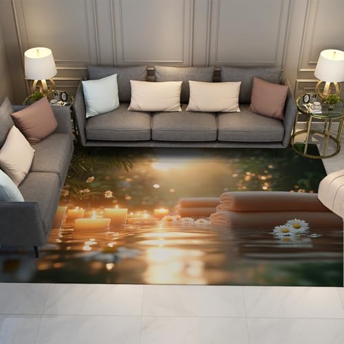 LANDERSION Spa Garten Bereich Teppiche Gemütliche Kerze Gänseblümchen Bambus Blätter Natürlicher Teppich für Wohnzimmer rutschfest waschbar Weicher dünner Teppich für Lounge 100x150cm von LANDERSION