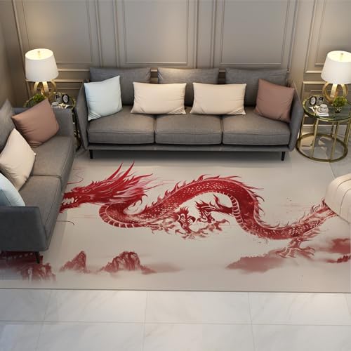 LANDERSION Tradition asiatischer Stil Bereich Teppiche Maschinenwaschbarer Teppich Roter Drache Feng Shui Thema Anti-Rutsch-Teppiche für Wohnzimmer Schlafzimmer Dekor 60x90cm von LANDERSION