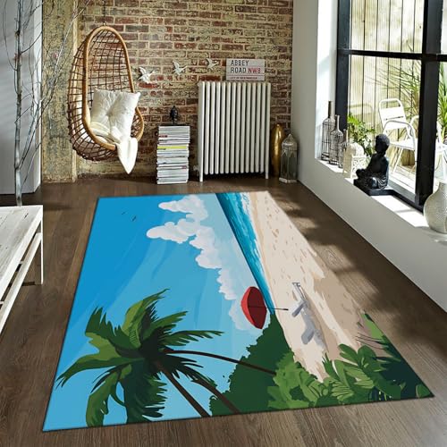 Tropical Island Teppich Cartoon Blau Ozean Palme Strand Bereich Teppiche Waschbar Rutschfester niedriger Flor Großer Teppich für Küche Nachttisch 140x200cm Tropical Island Teppich Cartoon Blau Ozean Palme Strand Bereich Teppiche Waschbar Rutschfester niedriger Flor Großer Teppich für Küche Nachttisch 140x200cm von LANDERSION