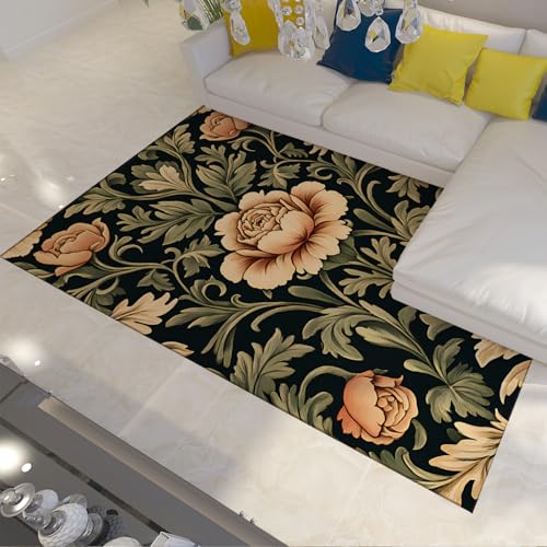 Tropischer Dschungel Gartenbereich Teppiche Vintage Pflanze Blume Akzent Teppich Waschbarer Rutschfester Teppich mit niedrigem Flor für Esszimmer Veranda unter Tisch 150x210cm von LANDERSION