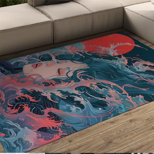 LANDERSION Ukiyo -Malerei Stil Teppich Indoor Outdoor Wellen Bereich Teppich Niedliche Mädchen Teppich Bereich Teppich mit Gummirücken Waschbarer niederfloriger Teppichboden 120x210cm von LANDERSION
