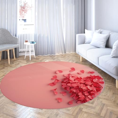 LANDERSION Valentine Decor Runde Fläche Teppiche Herzförmiges Blütenblatt Design Waschbarer Rutschfester Faltbarer niedrigfloriger Kreisteppich für Wohnzimmer Schlafzimmer 140cm von LANDERSION