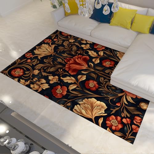 LANDERSION Vintage Floral Area Teppiche für Wohnzimmer Leichter Rutschfester waschbarer Innenbereich mit niedrigem Flor Boho Design Teppich für Esszimmer Schwarz 150x210cm von LANDERSION