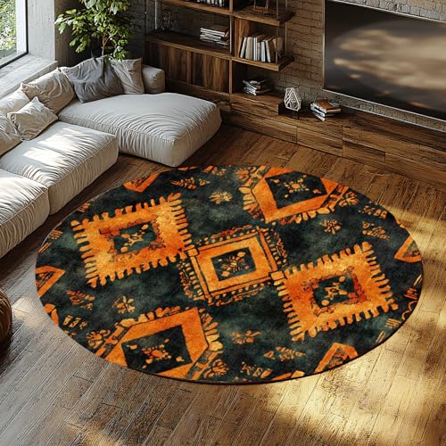 LANDERSION Vintage Rustikale Boho Wohnzimmerteppiche Abstrakte geometrische Azteken Runde Fläche Teppich Weicher Rutschfester Kreis Teppiche Braun Grün Bauernhaus Dekor 80cm von LANDERSION