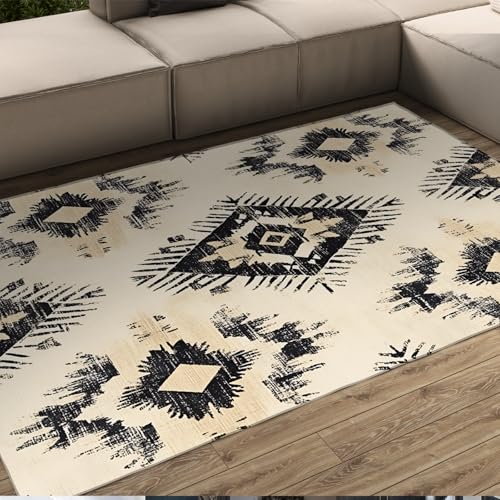 LANDERSION Waschbare Teppiche Tribal Aztec Schwarz und Weiß rutschfeste niedrige Flor Türmatte Einfacher Diamant Geometrischer Druck Kleiner Teppich für Schlafzimmer 180x300cm von LANDERSION