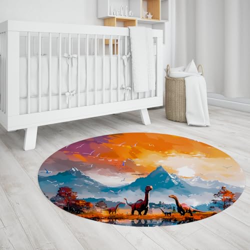 LANDERSION Waschbare runde Fläche Teppiche Schnee Dinosaurier Gruppe Wald weiche große Teppiche Matten Rutschfester Kreis Teppich für Jungen Mädchen Zimmer Schlafzimmer Wohnkultur 140cm von LANDERSION