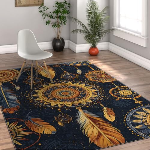 LANDERSION Waschbarer Teppich Vintage Ethnic Tribal Blumenfedermuster Teppiche für Schlafzimmer weicher Rutschfester Boho Teppich für Wohnzimmer Büro 120x180cm von LANDERSION
