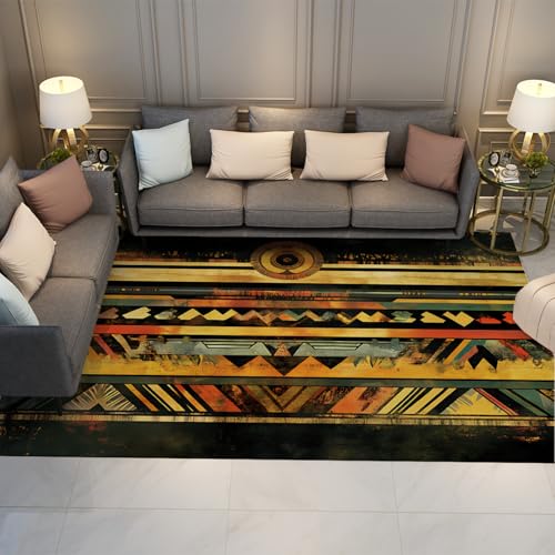 LANDERSION Waschbarer Teppich für Wohnzimmer Rutschfester Gummirücken mit niedrigem Flor Innenteppich Vintage Aztec gestreifte Design Schlafzimmerteppiche 100x150cm von LANDERSION