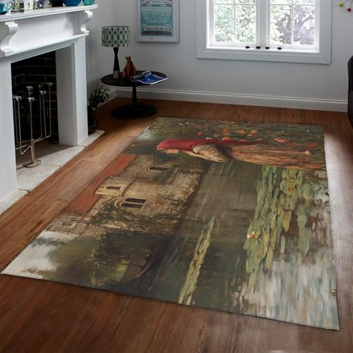 LANDERSION Waschbarer großer Wohnzimmerbereich Teppiche Retro Haus Teich Blumen mysteriöses Mädchen Muster waschbarer niedriger Flor weicher Teppich für Schlafzimmer Studio 60x90cm von LANDERSION