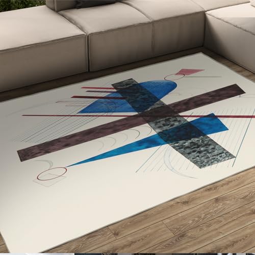 LANDERSION Wassily Kandinsky Teppich für Wohnzimmer Beigefarbener niederfloriger Teppich mit Blauer Geometrie Rutschfester dünner großer Nachttischteppich für Schlafzimmerküchendekoration 40x60cm von LANDERSION
