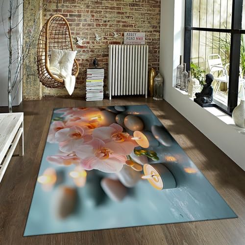 LANDERSION Weicher waschbarer Wohnzimmerteppich Basaltsteine Kerzen rosa Orchidee Spa Gartenbereich Teppiche für Schlafzimmer Rutschfester niedriger Florteppich Wohnkultur 100x150cm von LANDERSION