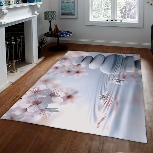 LANDERSION Weißer Steinbereich Teppiche Weiße Blume Meditation Garten Landschaft Muster Küchenteppich Rutschfester leicht zu reinigender Teppich für Nachttisch Lounge Büro 60x90cm von LANDERSION