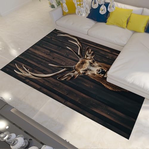 LANDERSION Wildlife Deer Head Print Area Teppiche Dunkles Holz Textur Rustikale Kabine Akzent Teppich Anti-Rutsch Waschbarer Niederflorteppich für Bauernhaus Küche 80x150cm von LANDERSION
