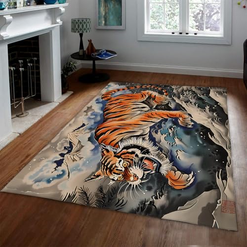 LANDERSION Wildlife Tiger Fußmatten Japanische Welle Mount Fuji Asiatische Orientteppiche Waschbarer Rutschfester Niederflorteppich für Wohnzimmer Wohnkultur 60x120cm von LANDERSION