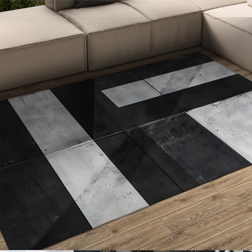 LANDERSION Zeitgenössischer schwarzer und Grauer Teppich Abstrakter Minimalismus-Teppich für Wohnzimmer Esszimmer Ultradünner Rutschfester großflächiger Teppich 40x60cm von LANDERSION