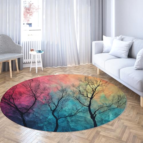 Lebendige Baumsilhouette Runde Teppiche Bunte abstrakte Kunst Rutschfester niedrigfloriger Kreisteppich für Wohnzimmer Schlafzimmer Wohnkultur 140cm von LANDERSION