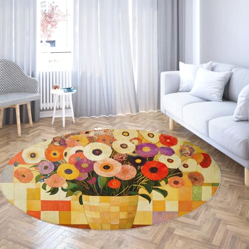 Lebendige Blumenvase Runder Teppich Bunte Blume Plaid Design Waschbarer Rutschfester weicher dünner Kreisteppich für Küche Esszimmer 150cm Lebendige Blumenvase Runder Teppich Bunte Blume Plaid Design Waschbarer Rutschfester weicher dünner Kreisteppich für Küche Esszimmer 150cm von LANDERSION