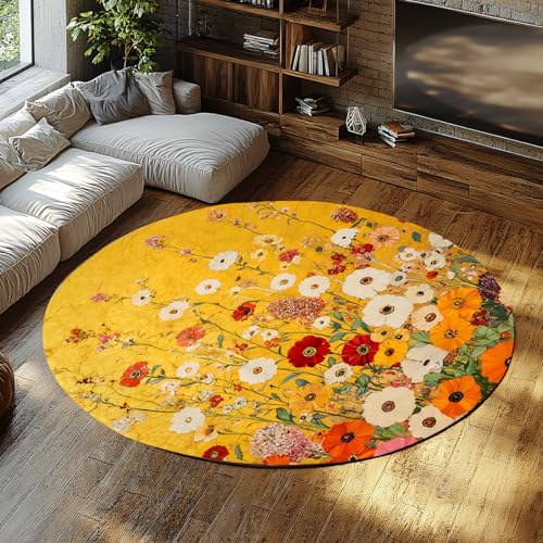 Lebendige Florale runde Fläche Teppiche Bunte Blume gelber Hintergrund rustikaler waschbarer weicher dünner Teppich für Wohnzimmer Schlafzimmer Hotel Dekor 80cm Lebendige Florale runde Fläche Teppiche Bunte Blume gelber Hintergrund rustikaler waschbarer weicher dünner Teppich für Wohnzimmer Schlafzimmer Hotel Dekor 80cm von LANDERSION